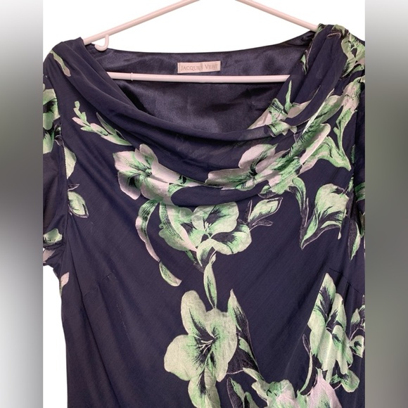 Jacques Vert Cowl Neck, Wedding Guest Dress, Silk Blend Blue w Green - Picture 3 of 13